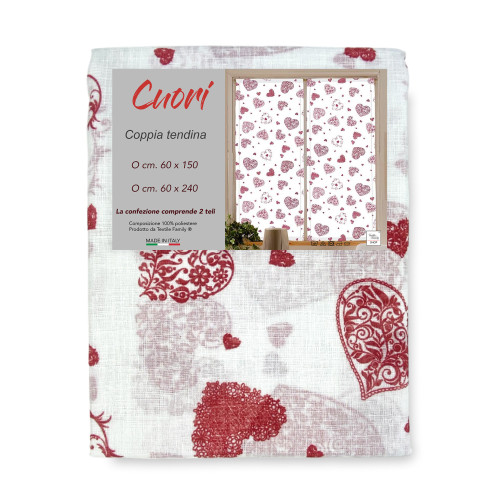 Coppia TENDINA a vetro Cuore Rosso larga cm. 60 da Finestra e da Porta